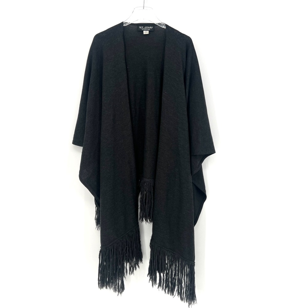 St. John Knit Fringed Shawl Womens One Size Black Knit Wool Elevated Minimalist